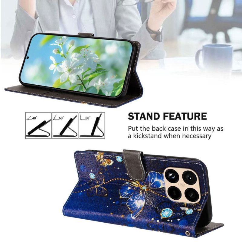 Skórzany Futerał Xiaomi 15t Pro Etui Na Telefon Złote I Niebieskie Motyle