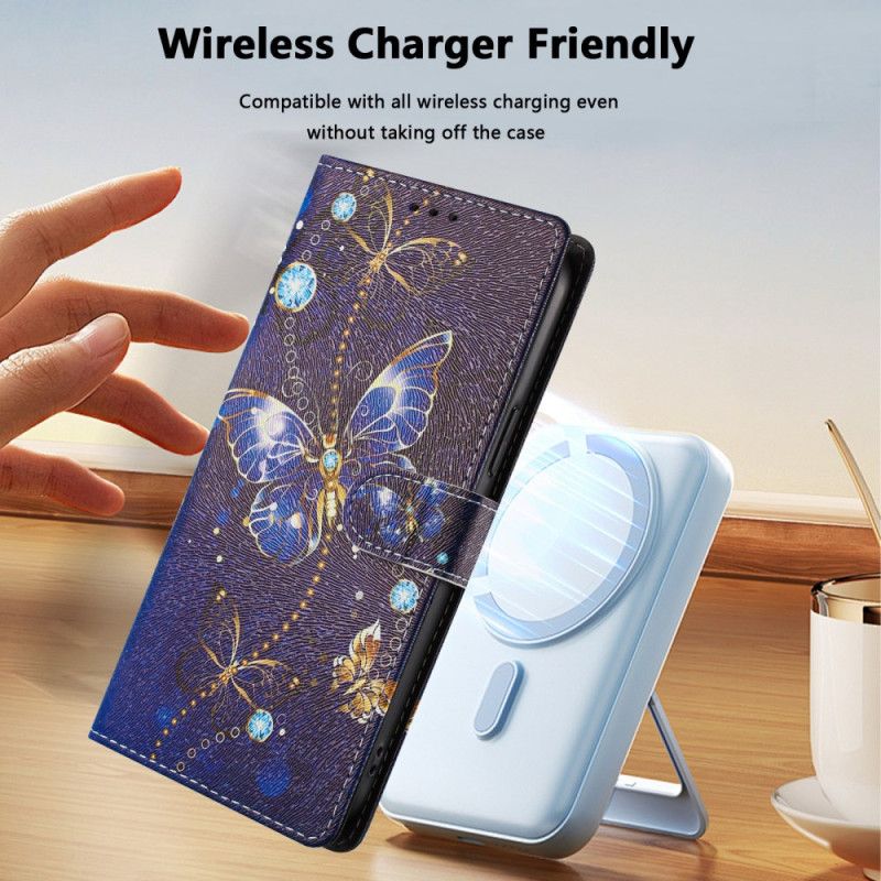 Skórzany Futerał Xiaomi 15t Pro Etui Na Telefon Złote I Niebieskie Motyle