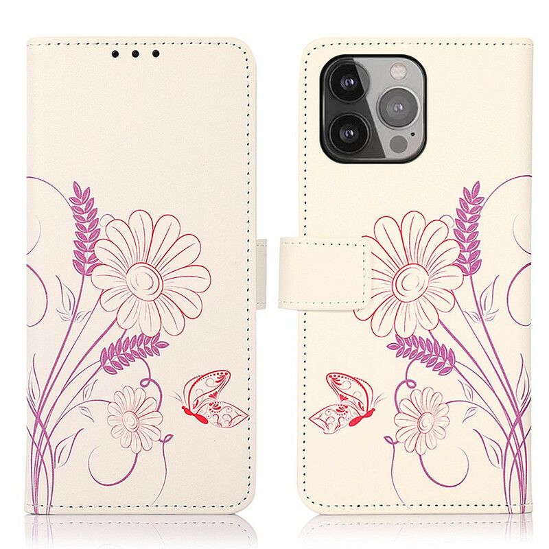 Etui Folio Iphone 13 Pro Max Rysowanie Motyli I Kwiatów