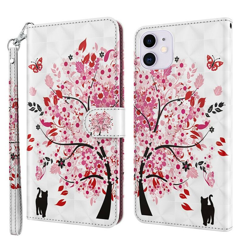 Skórzany Futerał Iphone 13 Pro Max Etui Na Telefon Różowe Drzewo I CZarny Kot