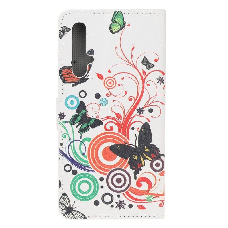 Skórzany Futerał Huawei Nova 5T Biały Etui na Telefon Motyle I Kwiaty