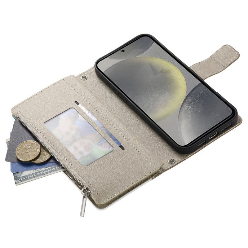 Etui Folio Samsung Galaxy S25 Fe Skórzany Portfel Zapinany Na Suwak Z Paskami