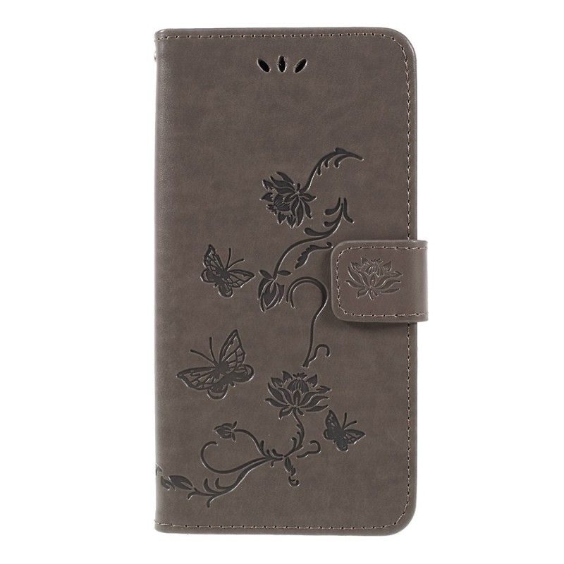 Etui Folio Samsung Galaxy A7 Szary Czarny Motyle I Kwiaty Na Stringach