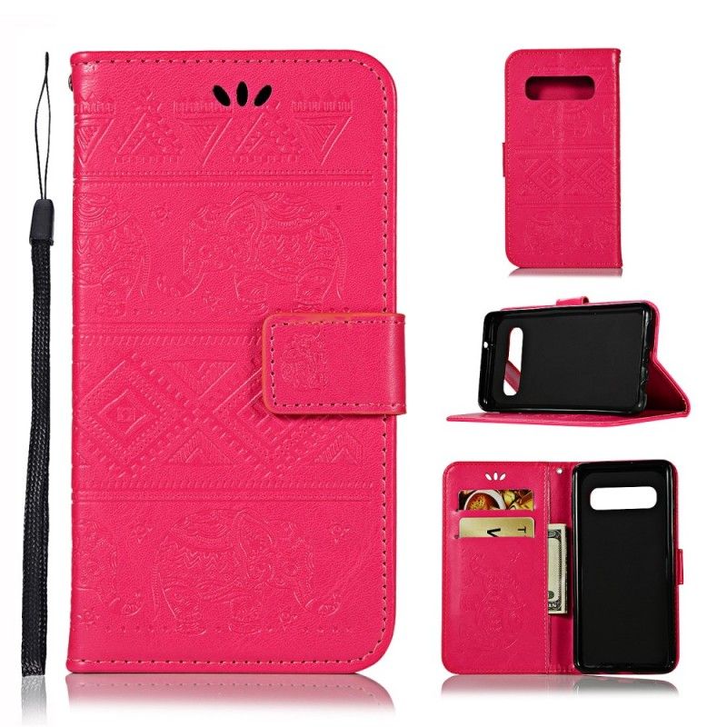 Etui Folio Samsung Galaxy S10 Ciemnoniebieski Magenta Słonie Plemienne Ze Sztucznej Skóry Etui Ochronne