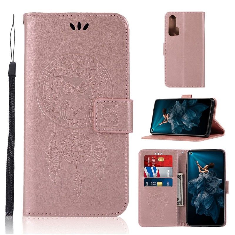 Skórzany Futerał Honor 20 Pro Złoty Czarny Etui na Telefon Łapacz Snów Sowy Z Efektem Skóry