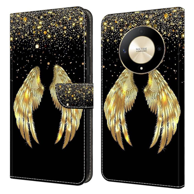 Skórzany Futerał Honor X9b / Magic 6 Lite Etui Na Telefon Złote Skrzydła