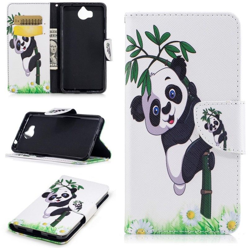 Skórzany Futerał Huawei Y6 2017 Etui na Telefon Panda Na Bambusie