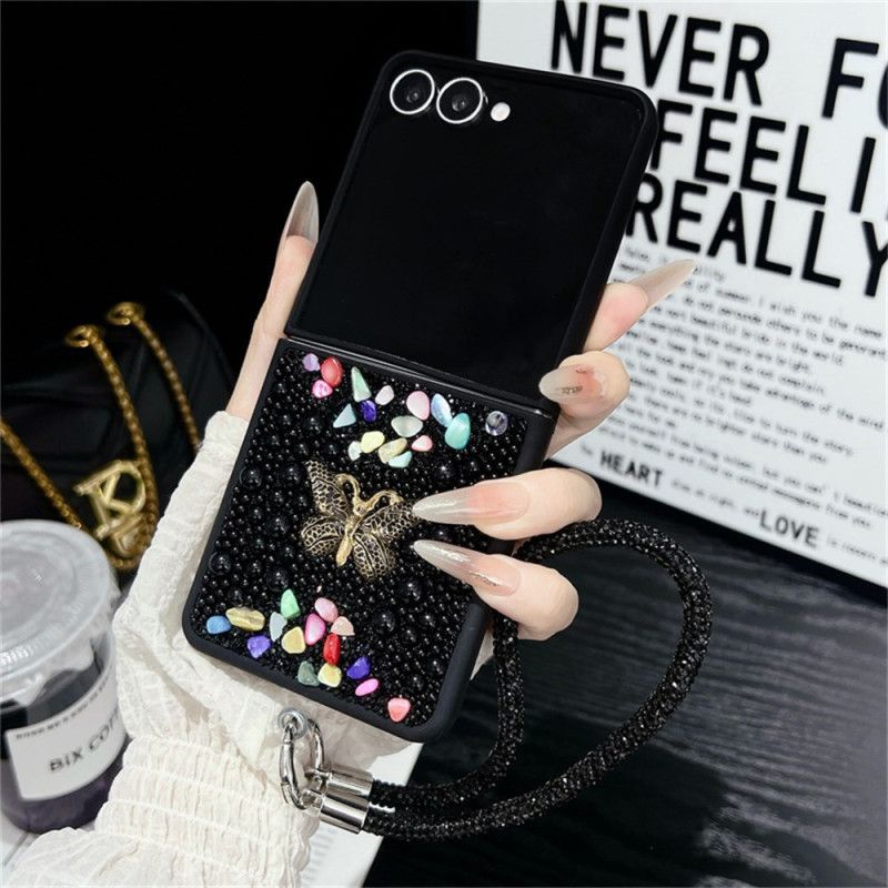 Etui Do Samsung Galaxy Z Flip 7 Brokatowy Wzór I Pasek Na Nadgarstek