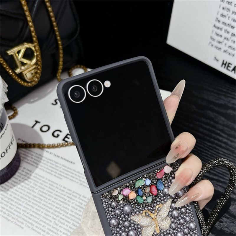 Etui Do Samsung Galaxy Z Flip 7 Brokatowy Wzór I Pasek Na Nadgarstek