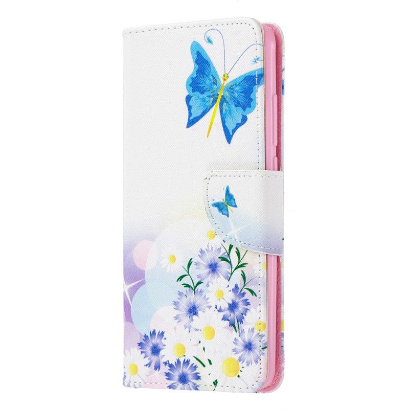 Skórzany Futerał Xiaomi Mi 9T / Mi 9T Pro Jasnoniebieski Etui na Telefon Malowane Motyle I Kwiaty