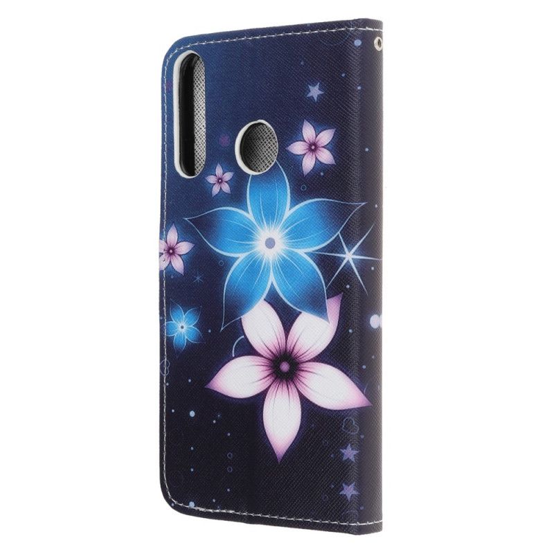 Skórzany Futerał Huawei Y6p Etui na Telefon Księżycowe Kwiaty Ze Stringami