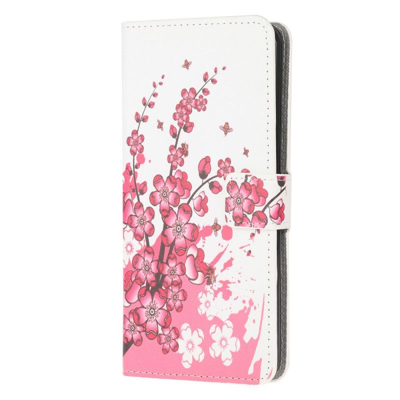 Skórzany Futerał Huawei Y6p Różowy Magenta Etui na Telefon Tropikalne Kwiaty