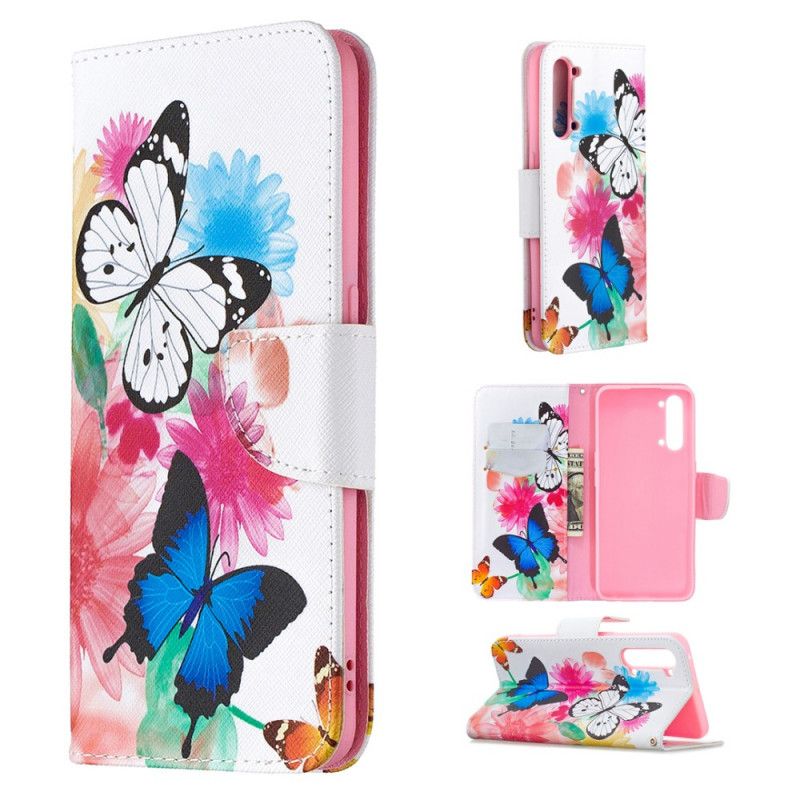 Etui Folio Oppo Find X2 Lite Jasnoniebieski Magenta Malowane Motyle I Kwiaty