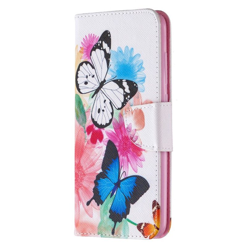 Etui Folio Xiaomi Redmi Note 9 Jasnoniebieski Magenta Malowane Motyle I Kwiaty Etui Ochronne