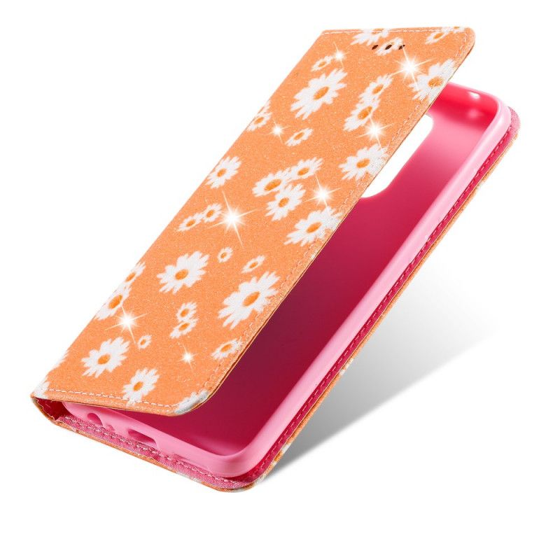 Flip Kotelot Xiaomi Redmi Note 9 Pomarańczowy Różowy Stokrotki Etui Ochronne