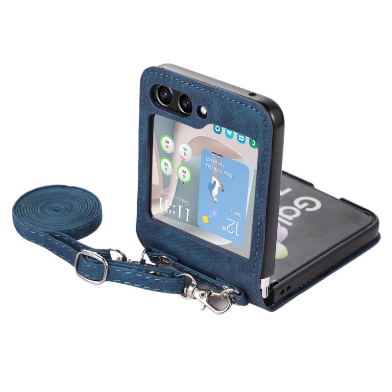 Etui Samsung Galaxy Z Flip 5 Skórzane Etui Na Karty I Pasek Na Ramię