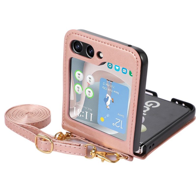 Futerały Samsung Galaxy Z Flip 5 Etui Na Telefon Skórzane Etui Na Karty I Pasek Na Ramię