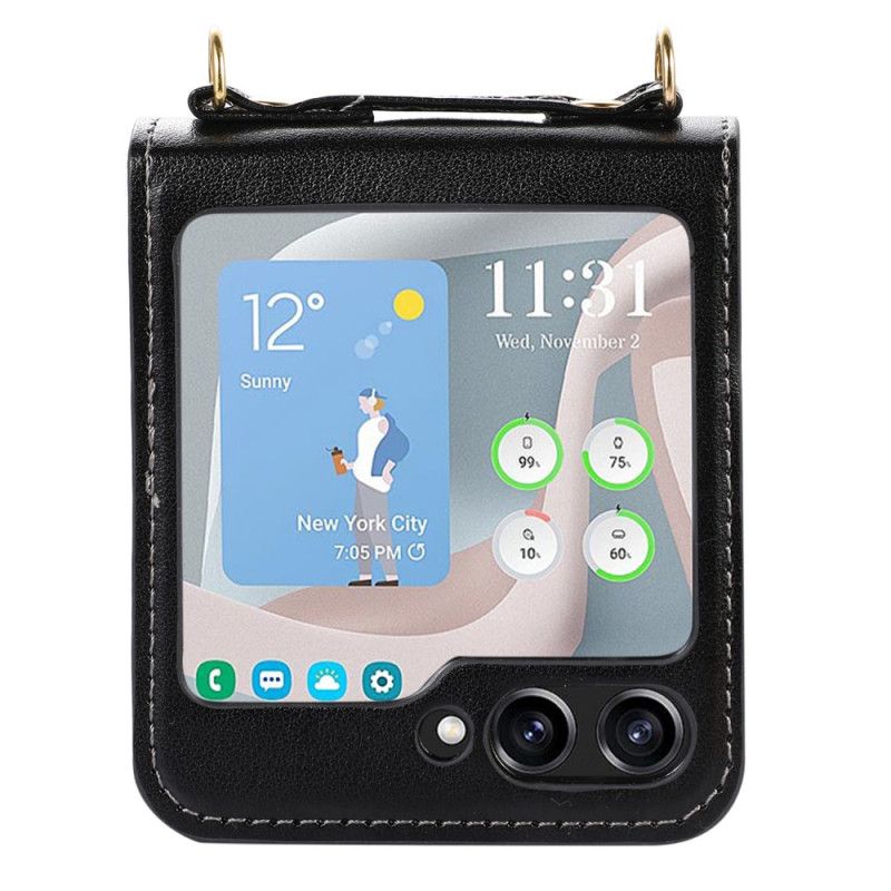 Futerały Samsung Galaxy Z Flip 5 Etui Na Telefon Skórzane Etui Na Karty I Pasek Na Ramię