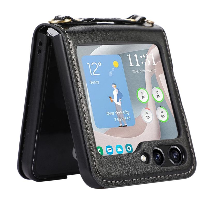 Futerały Samsung Galaxy Z Flip 5 Etui Na Telefon Skórzane Etui Na Karty I Pasek Na Ramię