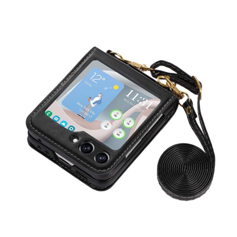 Futerały Samsung Galaxy Z Flip 5 Etui Na Telefon Skórzane Etui Na Karty I Pasek Na Ramię