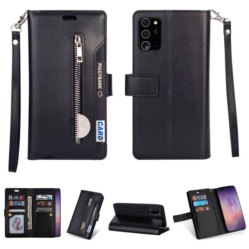 Skórzany Futerał Samsung Galaxy Note 20 Ultra Magenta Czarny Etui na Telefon Portmonetka Na Monety Z Paskiem