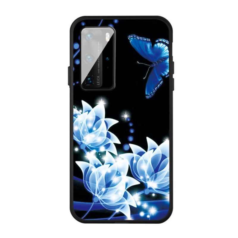 Etui Huawei P40 Motyle I Niebieskie Kwiaty