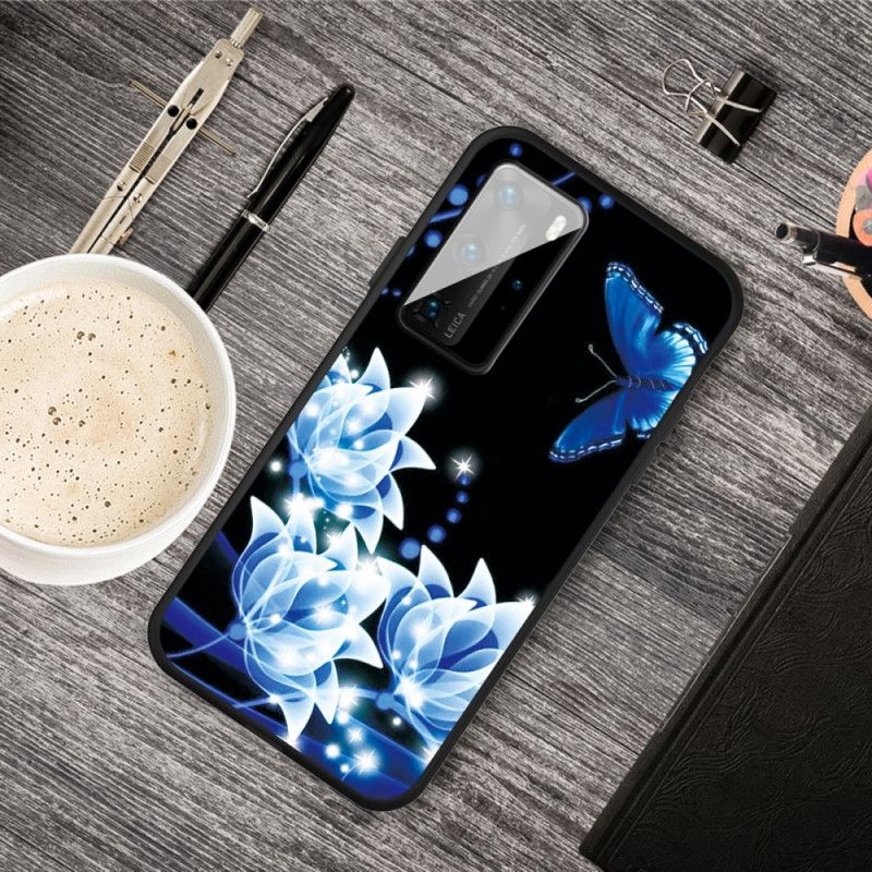 Etui Huawei P40 Motyle I Niebieskie Kwiaty