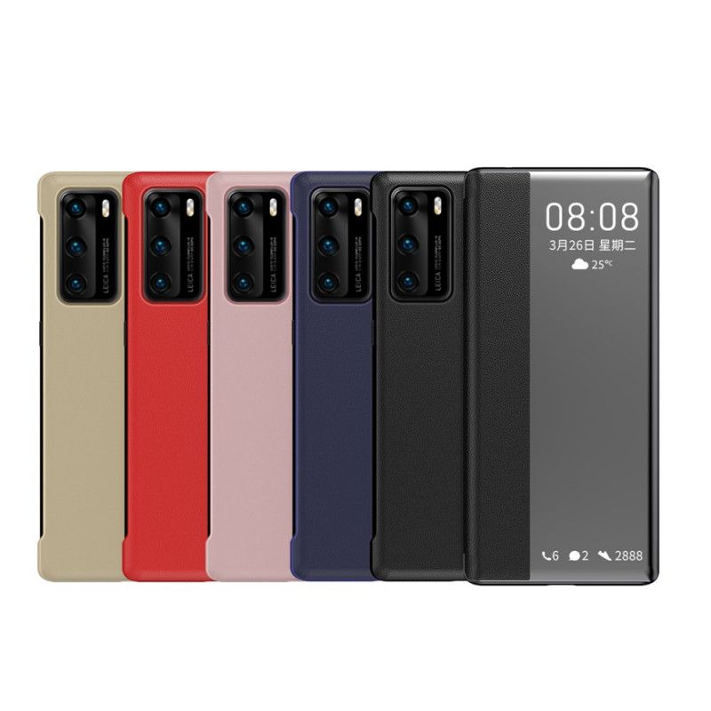 Zobacz Pokrywę Huawei P40 Czerwony Czarny Okno Ze Sztucznej Skóry