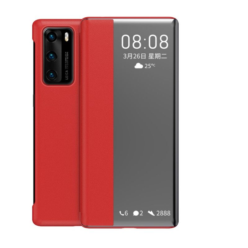 Zobacz Pokrywę Huawei P40 Czerwony Czarny Okno Ze Sztucznej Skóry