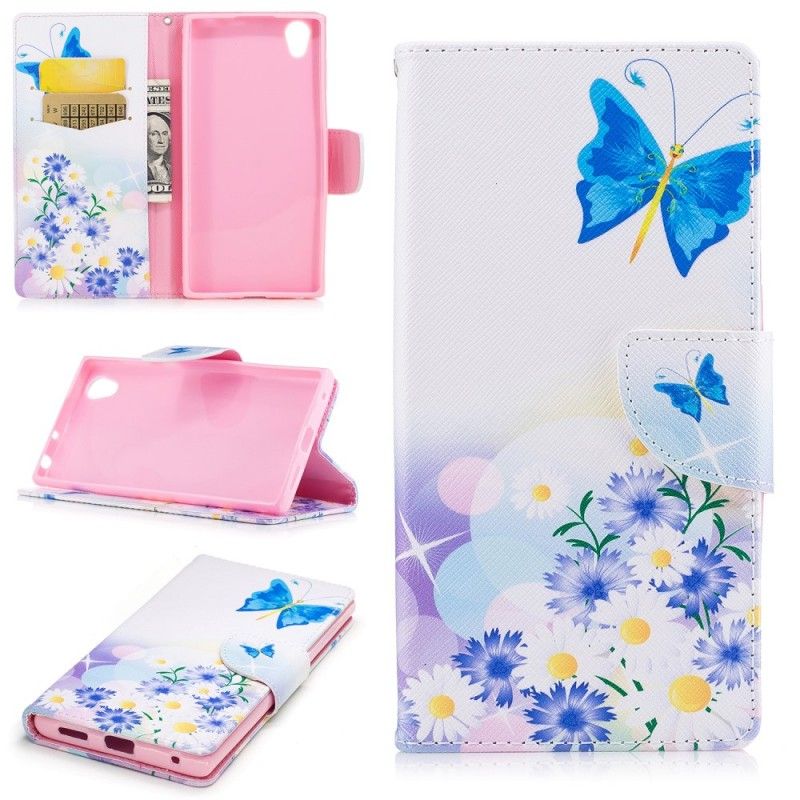 Etui Folio Sony Xperia L1 Jasnoniebieski Różowy Malowane Motyle I Kwiaty Etui Ochronne