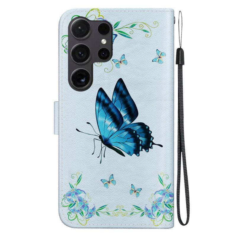 Etui Folio Samsung Galaxy S24 Ultra 5g Niebieski Motyl I Kwiat Z Paskiem Etui Ochronne