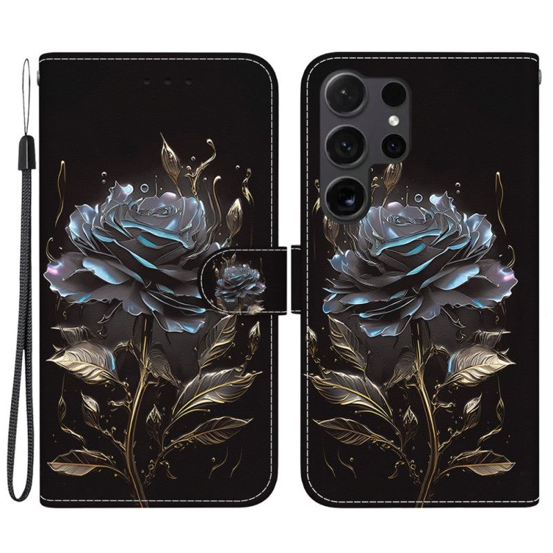Skórzany Futerał Samsung Galaxy S24 Ultra 5g Etui Na Telefon CZarna Róża Z Paskiem