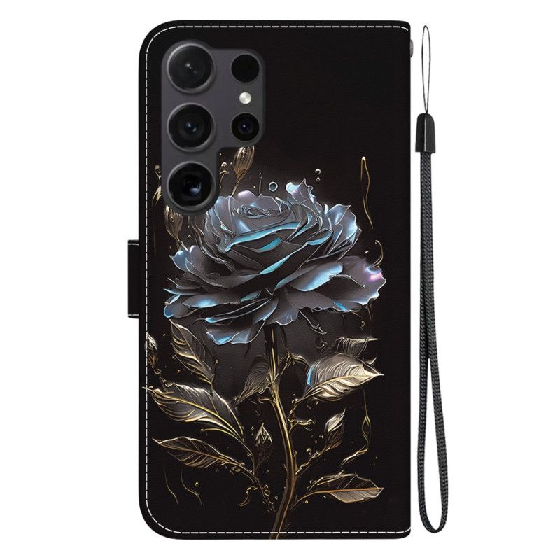 Skórzany Futerał Samsung Galaxy S24 Ultra 5g Etui Na Telefon CZarna Róża Z Paskiem