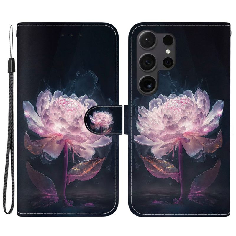 Skórzany Futerał Samsung Galaxy S24 Ultra 5g Etui Na Telefon Fioletowa Piwonia Z Paskiem
