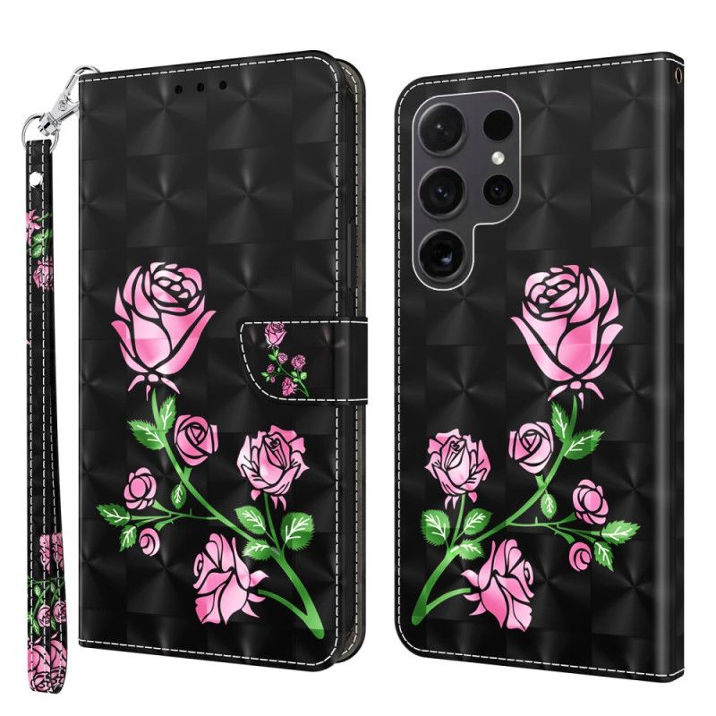 Skórzany Futerał Samsung Galaxy S24 Ultra 5g Etui Na Telefon Kwiaty Róży Z Paskiem