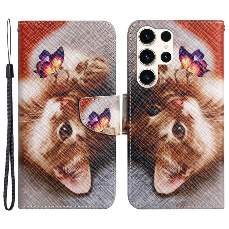 Skórzany Futerał Samsung Galaxy S24 Ultra 5g Etui Na Telefon Motyl I Kot Z Paskiem
