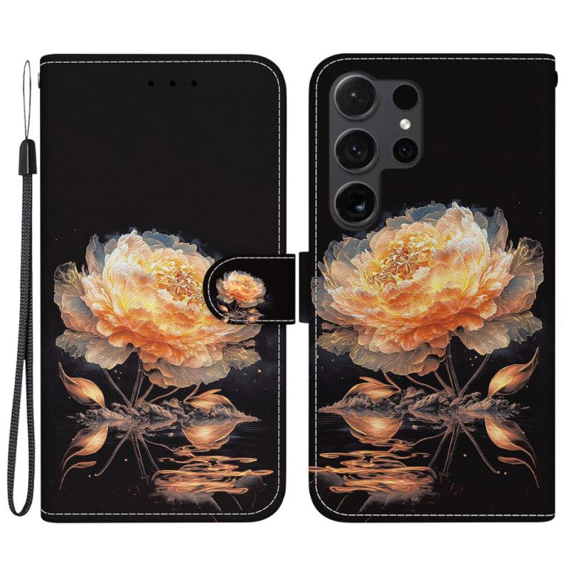 Skórzany Futerał Samsung Galaxy S24 Ultra 5g Etui Na Telefon Złota Piwonia Z Paskiem