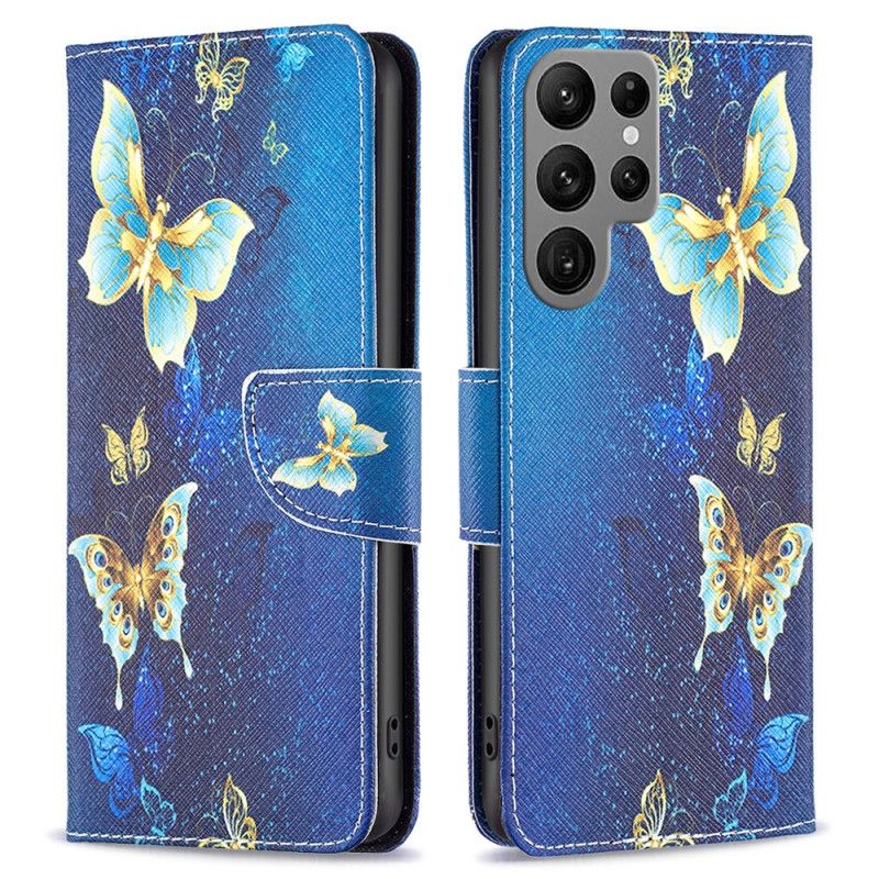 Skórzany Futerał Samsung Galaxy S24 Ultra 5g Etui Na Telefon Złote Motyle Na Niebieskim Tle