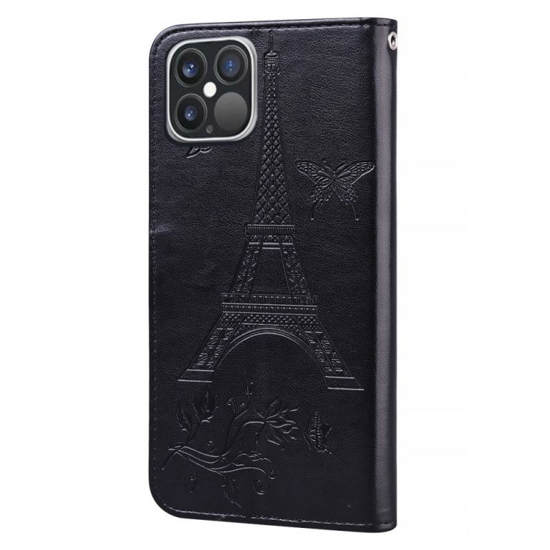 Etui Folio iPhone 12 Pro Max Pomarańczowy Czarny Styl Skórzany Z Wieży Eiffla