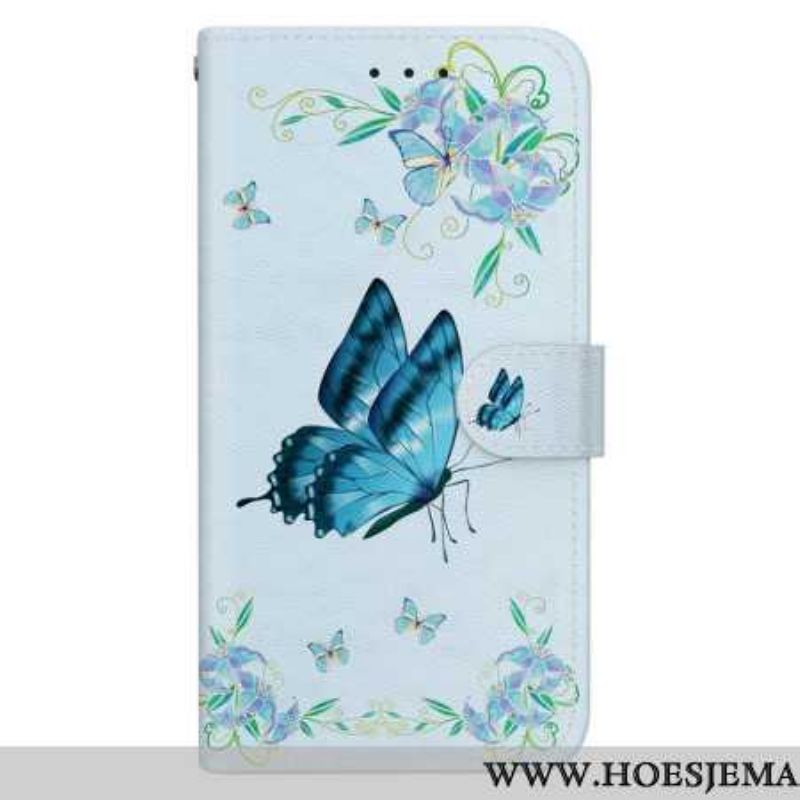 Obudowa Samsung Galaxy S24 Plus 5g Etui Na Telefon Niebieski Motyl I Kwiat Z Paskiem