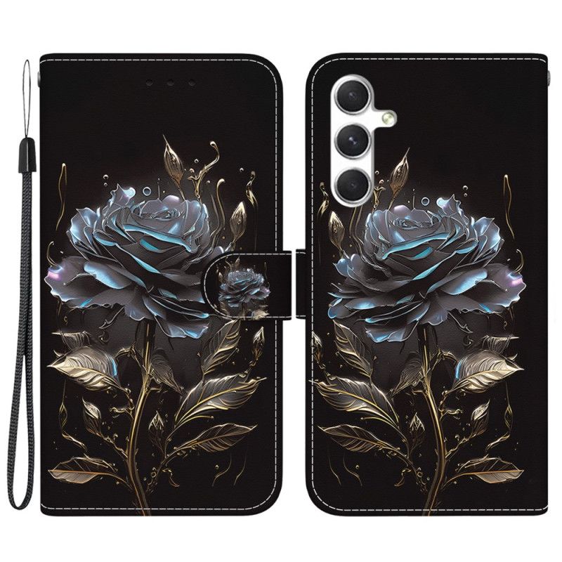 Skórzany Futerał Samsung Galaxy S24 Plus 5g Etui Na Telefon CZarna Róża Z Paskiem