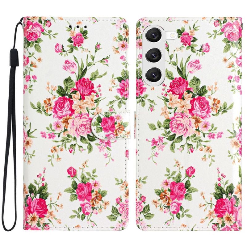 Skórzany Futerał Samsung Galaxy S24 Plus 5g Etui Na Telefon CZerwone Kwiaty Z Paskiem