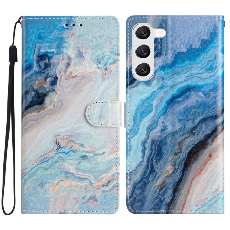 Skórzany Futerał Samsung Galaxy S24 Plus 5g Etui Na Telefon Niebieski Marmur Z Paskiem