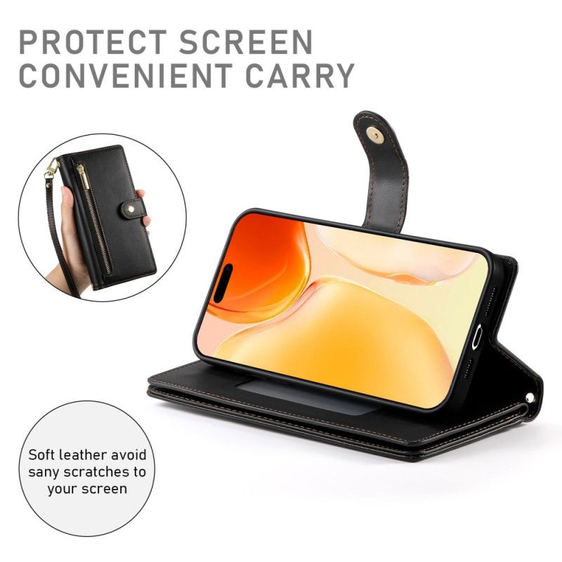 Etui Folio Do iPhone 17 Portfel Z Kieszenią Na Zamek I Paskami