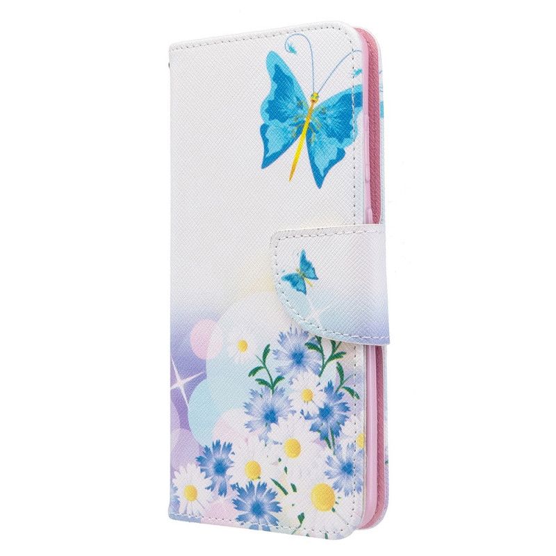 Skórzany Futerał Samsung Galaxy S20 Jasnoniebieski Magenta Etui na Telefon Malowane Motyle I Kwiaty