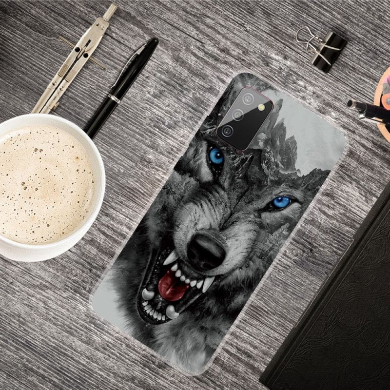 Etui Samsung Galaxy A02s Szary Czarny Wysublimowany Wilk