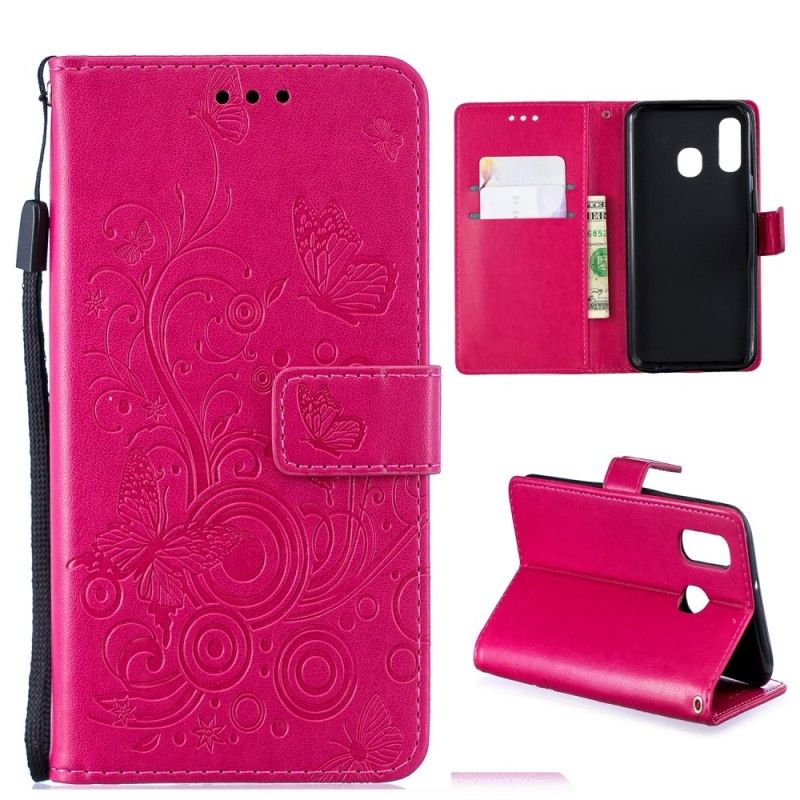 Etui Folio Samsung Galaxy A40 Jasnofioletowy Magenta Wirujące Motyle Etui Ochronne