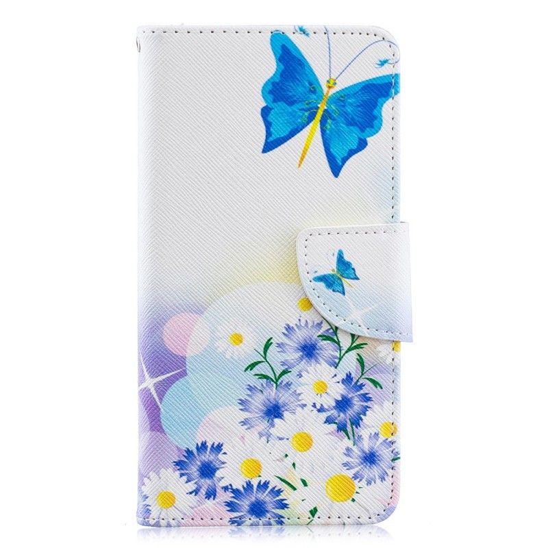 Etui Folio Samsung Galaxy A40 Jasnoniebieski Magenta Malowane Motyle I Kwiaty