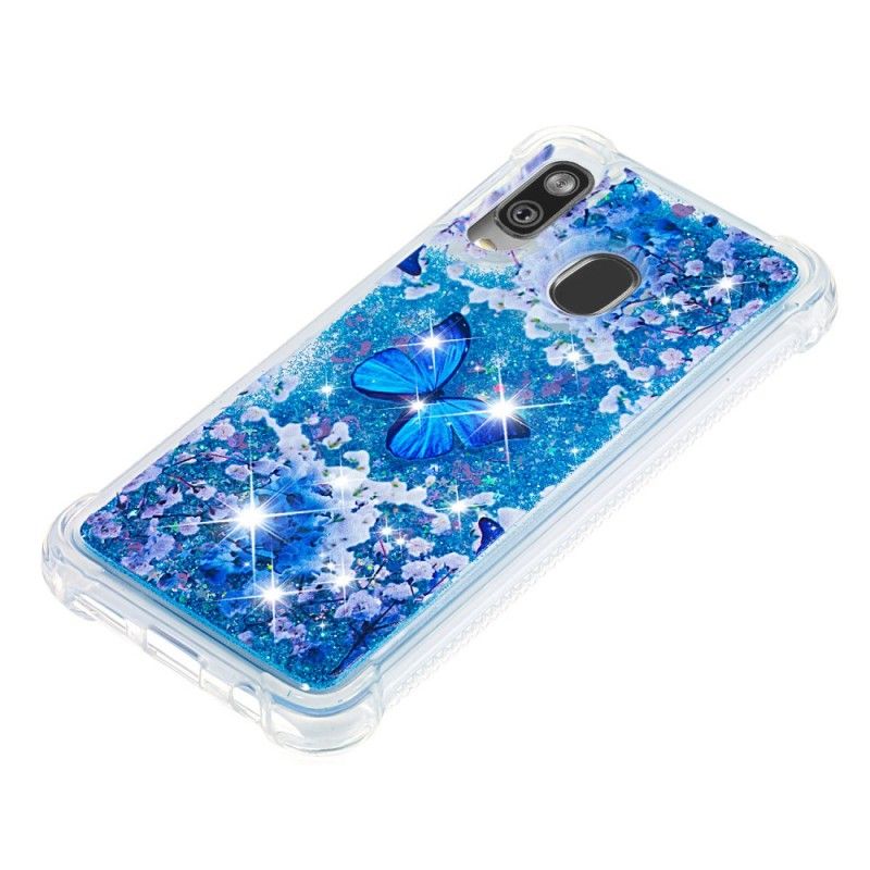 Futerały Samsung Galaxy A40 Etui na Telefon Niebieskie Motyle Z Brokatem