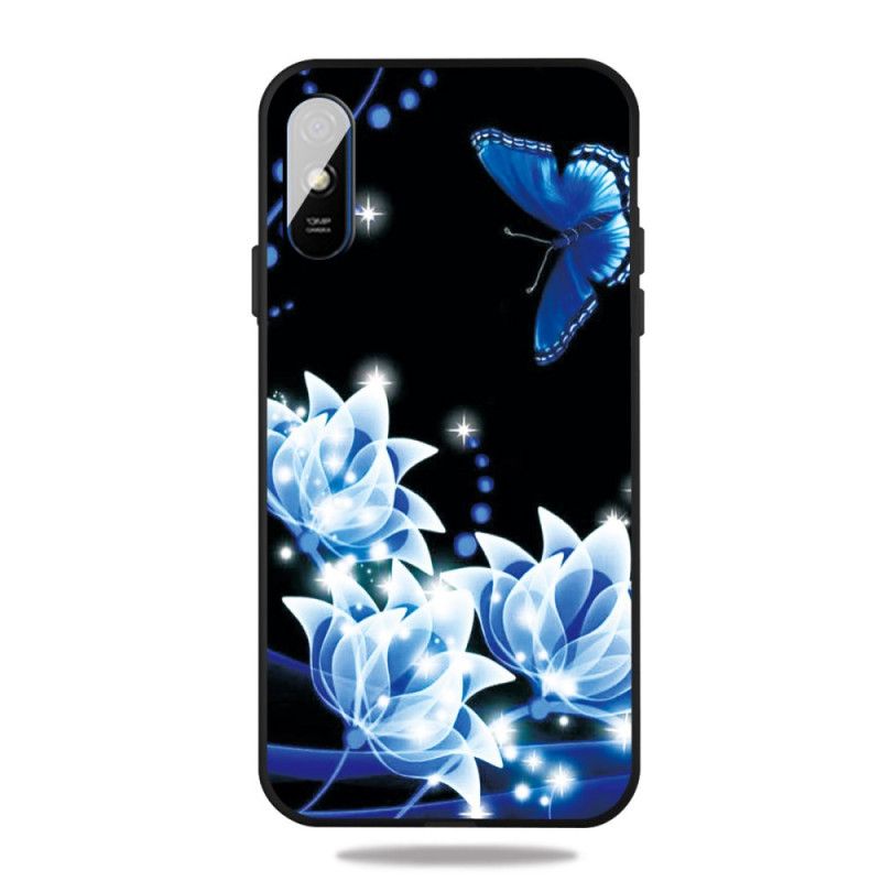Etui Xiaomi Redmi 9A Motyle I Niebieskie Kwiaty